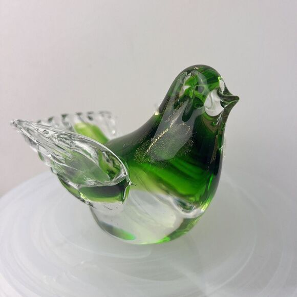 Murano Style  Glass Bird Dove Paperweight Decor Clear Glass GreenGold Inlay - Picture 6 of 10